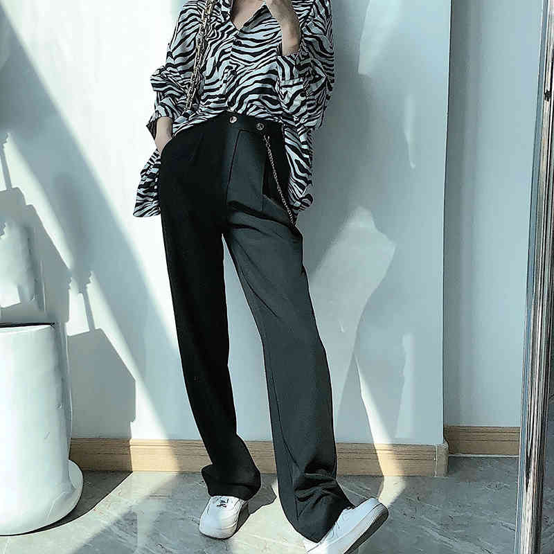 FORYUNSHES Women White Wide Leg Suit Pants Korean High Waist Loose Casual Straight Trousers Chains Aesthetic Office Clothes 210523 Z260314