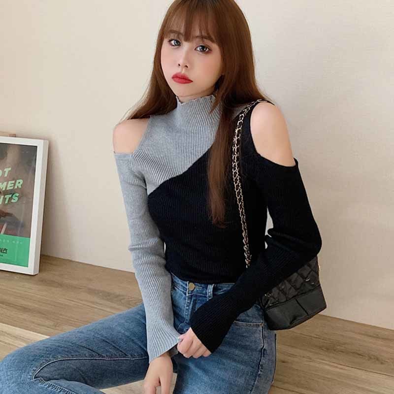 Contrast Off-shoulder Turtleneck Autumn Fashion Chic Knitted Sweaters Long Sleeve Pullover Plus Size Women Bottoming Shirt 12211 210518