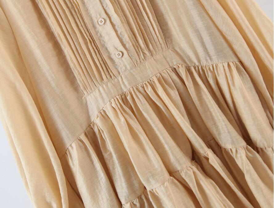 Vintage Open Buttons Round Collar Spliced Pleated Ruched Women Dress Holiday Lantern Sleeve Loose Dresses Beach 210429