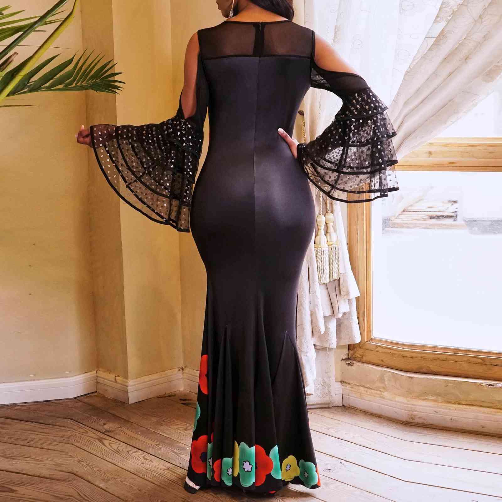 Elegant Long Dress For Women Black Floar Print Flare Sleeve Floor Length Cold Shoulder Fishtail Vintage Evening Night 210510