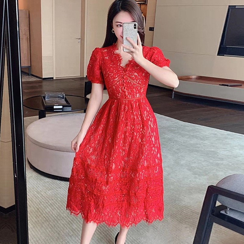 Arrived Summer Lace Dress For Woman Hollow Out V-Neck Vestidos Elegant Vintage Single-breasted Long Female 210519