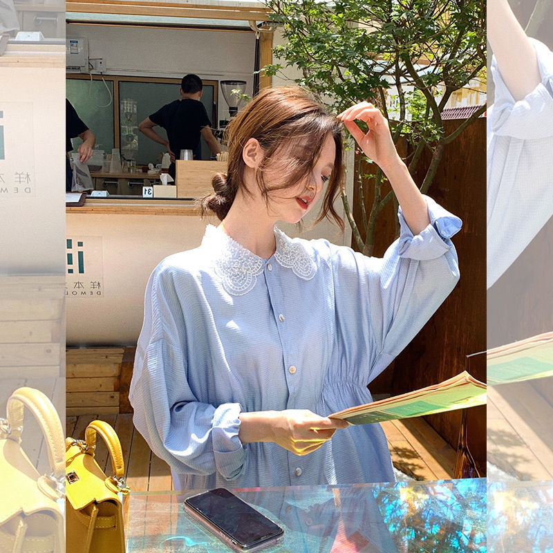 Elegant Shirt Dress Women Lace Chiffon Long Sleeve Casual Mini Dress Office Lady High Waist Dress Korean Summer 210521