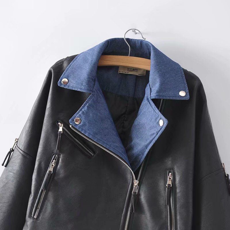 Women's Stylish PU Leather Jacket: Long Sleeve Windproof Black Denim Ing Hem Coat