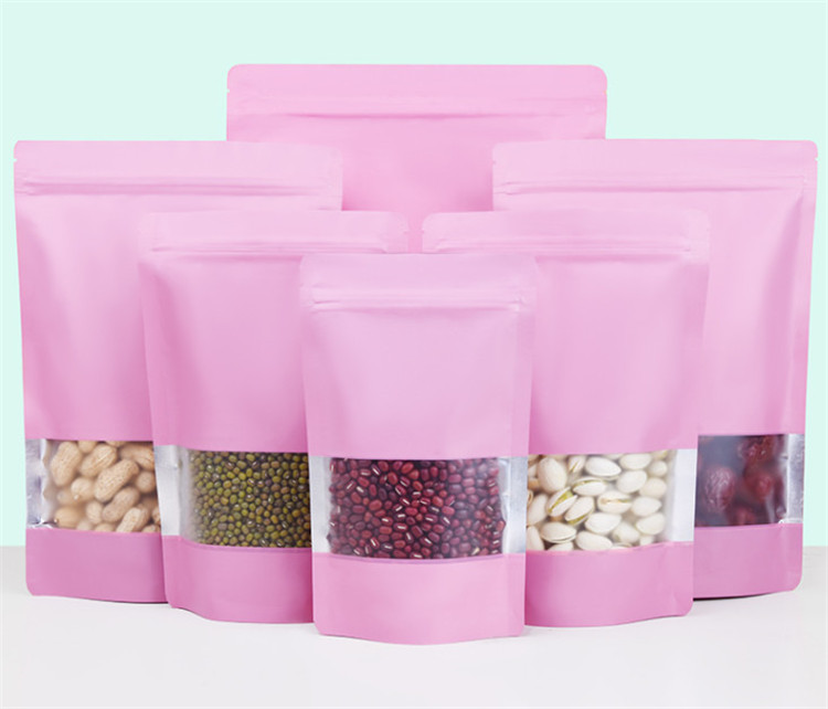 100pcs Doypack Matte Light Pink Window Zip Lock Aluminum Foil Bag Stand up Resealable Meat Coffee Powder Snack Nuts Xmas Wedding Gifts Heat Sealing Pa