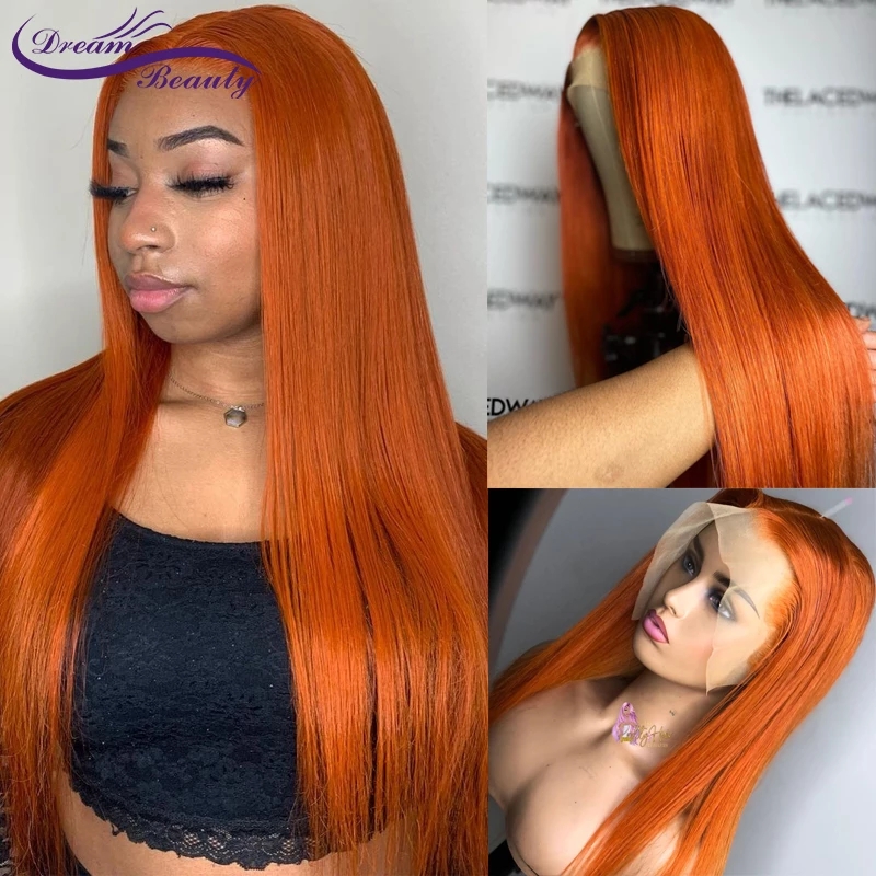 Orange Ginger Color 13x4 Wavy Human Hair Wigs 180% Density Long Straight Synthetic Lace Frontal Wig