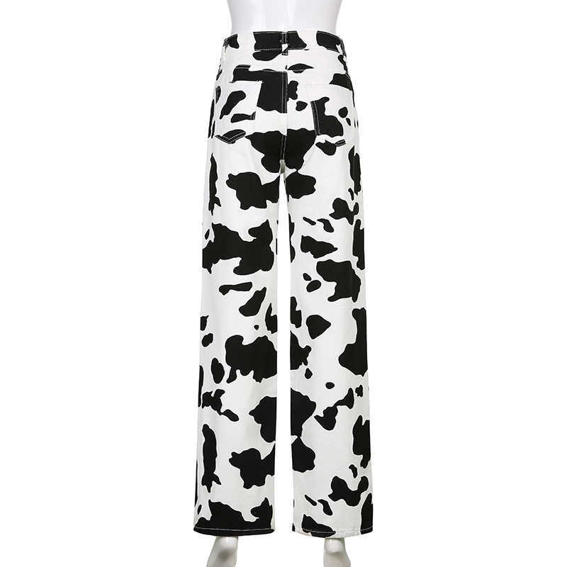 Animal Cow Printed White Y2K Jeans Baggy Vintage 90S Pockets Patchwork Straigh Pants High Waist Streetwear Harajuku 210809