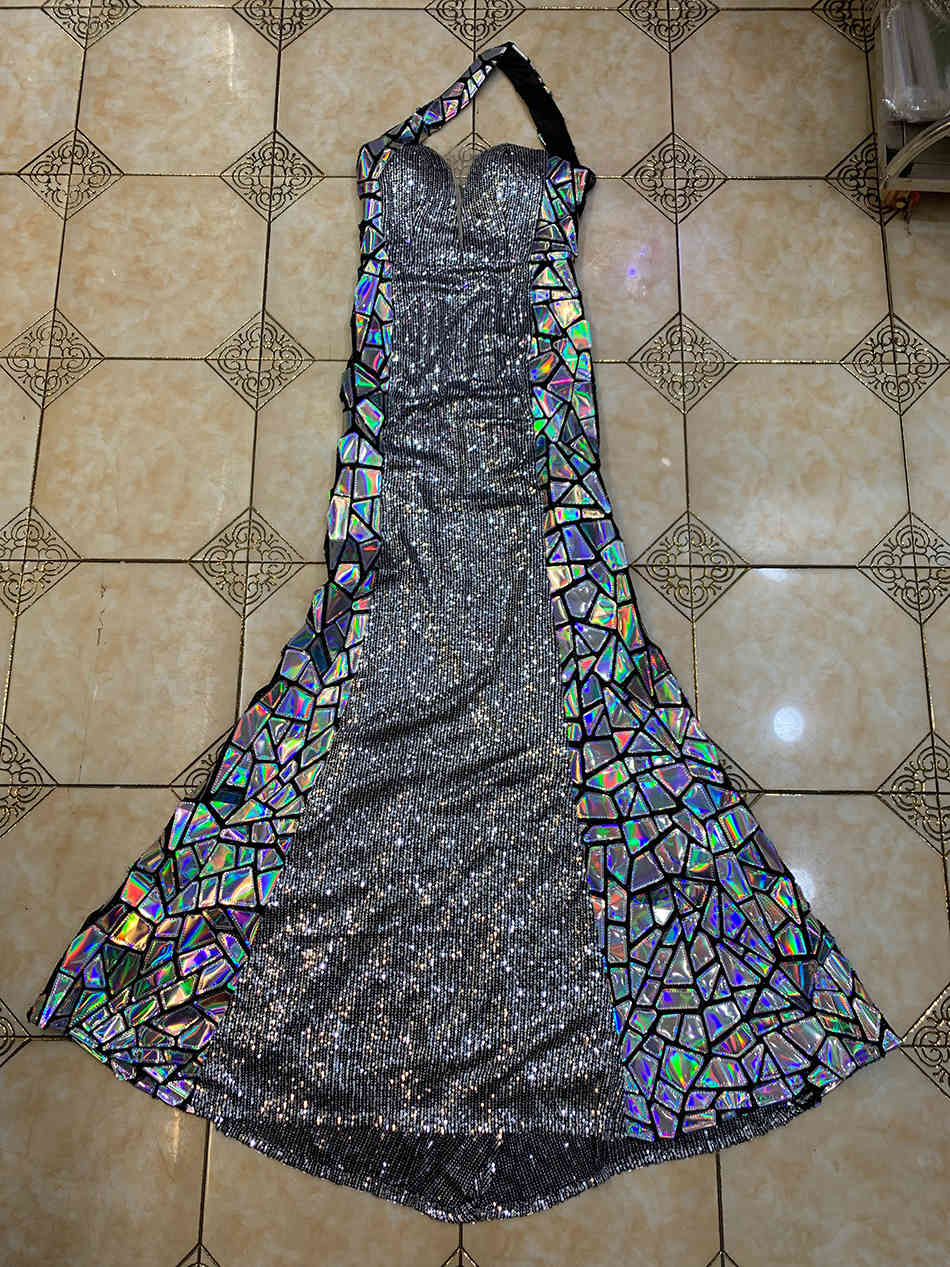 Free Sexy Runway Sequined Long Dress Women Slanted Collar One Shoulder Bodycon Fishtail Club Party 210524