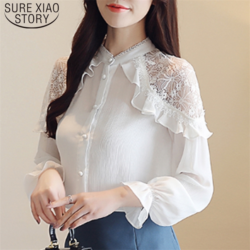 Korean Office Lady Lace Tops White Loose Blouse Solid Stand Collar Chiffon Women Spring Long Sleeve Shirt 7959 50 210506