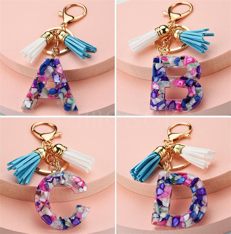 26 English Alphabet Keychain Beautiful Fashionable Transparent Acrylic Crystal Tassel Pendant Bag Christmas Gift DB576