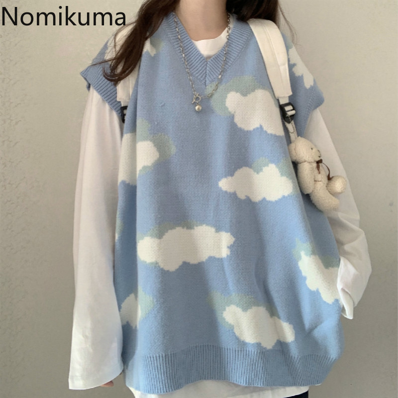 Nomikuma Autumn Winter Knitted Sleeveless Pullover Causal V-neck Oversized Women Sweater Korean Cloud Pull Femme 6C799 210427