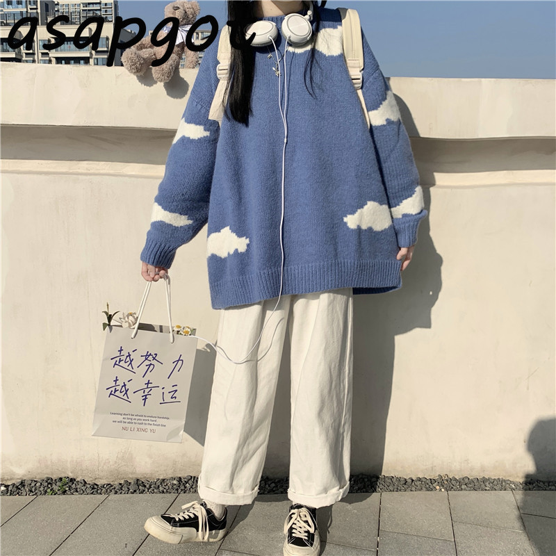 Winter Thick Knitted Tops Loose Long O Neck White Clouds Pullovers Sweater Women Fashion Casual 3style Pull Femme Preppy Japan 210429