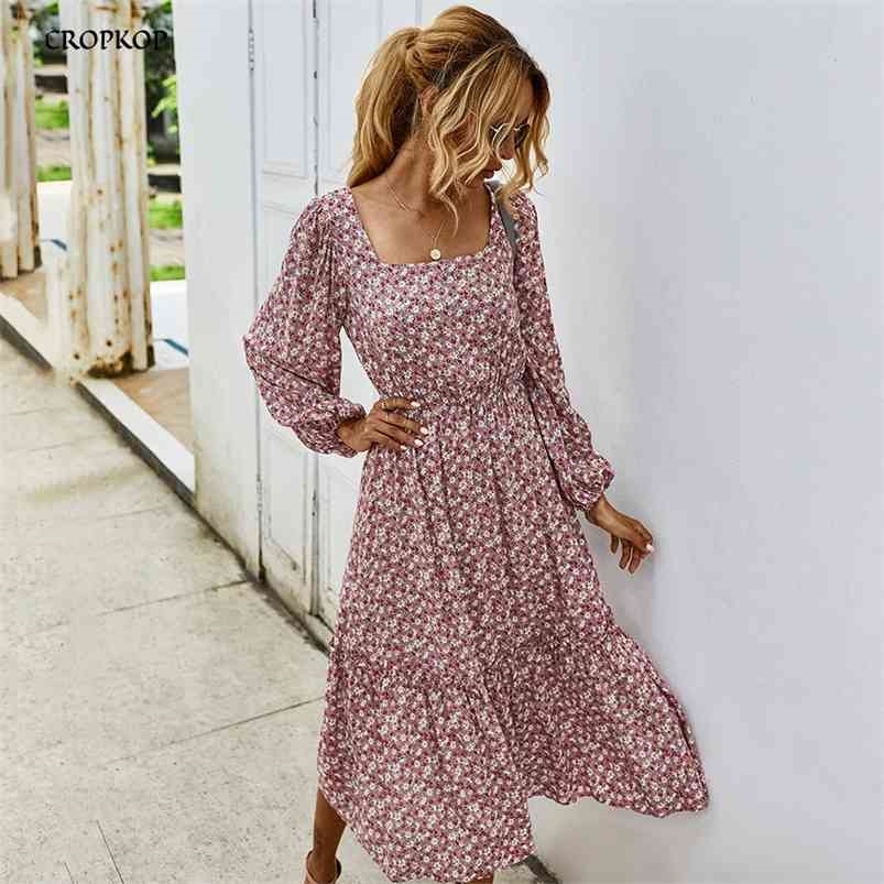 Women Long Dress Autumn Winter Sleeve Elegant Ladies Flower Square Collar Dresses Party Black Clothes For Woman 210623