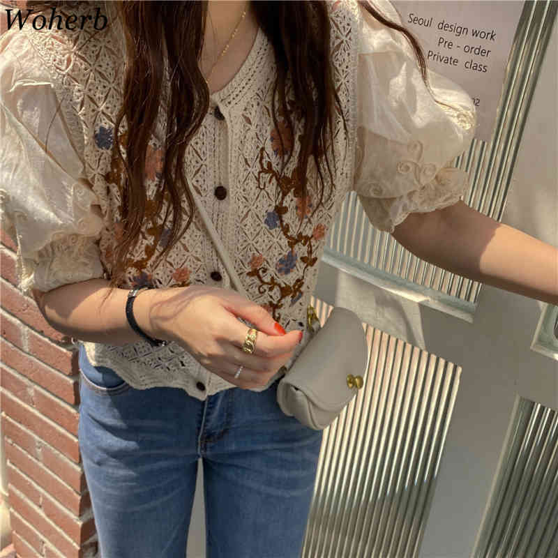 Camisas Mujer Vintage Hollow Out Crochet Floral Blouses Women Summer Shirts Chic Korean Patchwork Blusas Tops 95429 210519