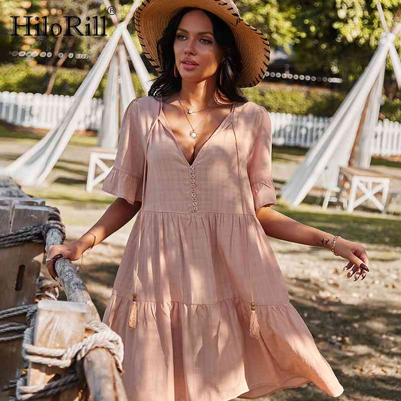Solid Color Loose Mini Dress Women Bow Tie V Neck Casual Beach Ruffles Short Sleeve Ladies Summer es 210508