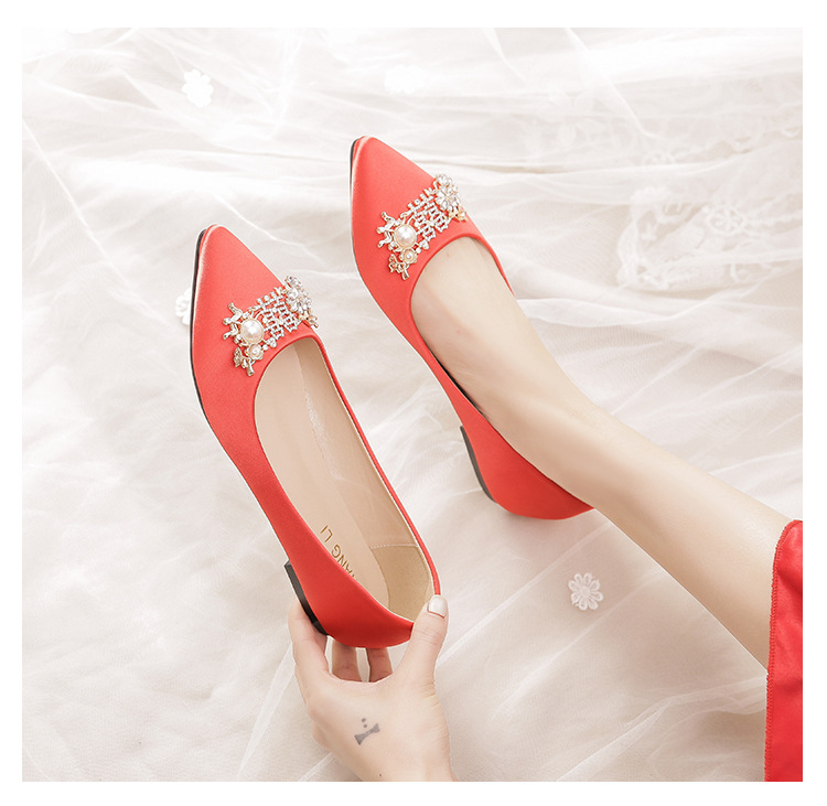 Satin Pointed Flat Women Shoes Pearls Rectangle Buckle Diamond Sexy Wedding Bridal Bradesmaid Prom for Lady Shoes