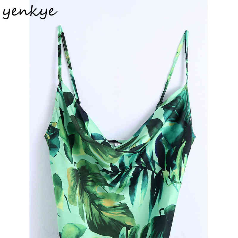 Summer Women Green Tropical Print Sling Long Dress Female Sleeveless Side Slits Sundress Sexy Vestido 210430