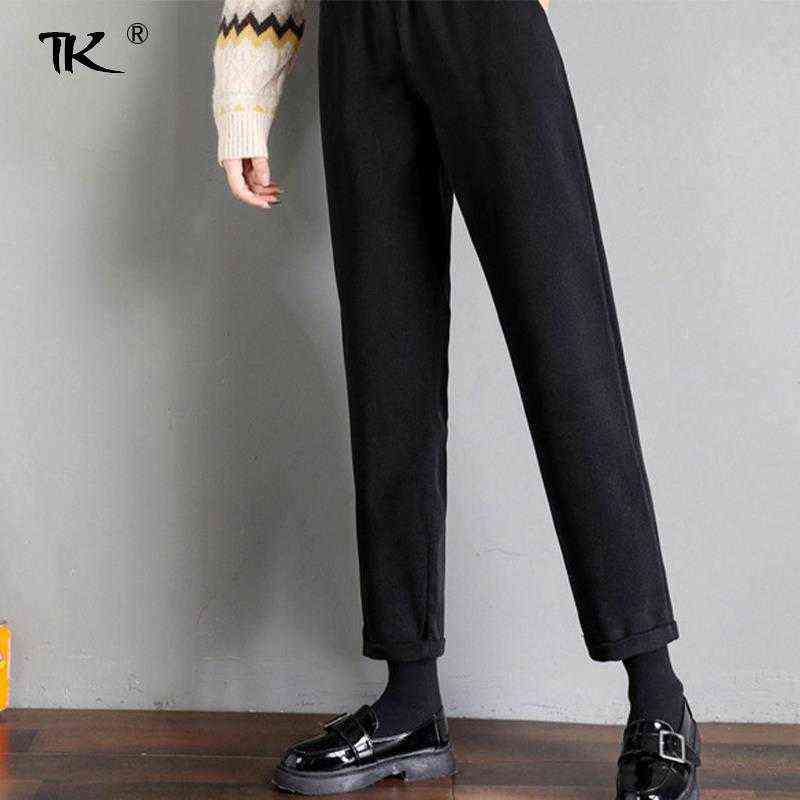 Women's Elastic High Waist Harem Pants Wide Leg Wool Trousers Slim Basic Female Solid Pant Thick Casual Autumn Winter 211124
