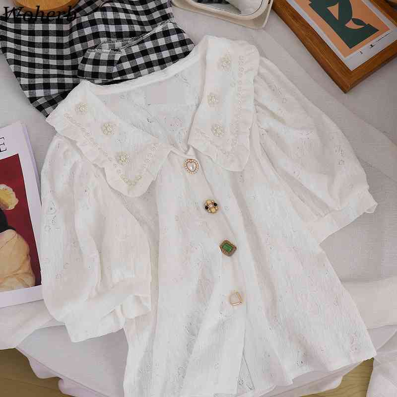 Korean Blusas Mujer Beading Peter Pan Collar Vintage Short Puff Sleeve Summer Blouses Women Tops Loose Kawaii Shirt Retro 210519