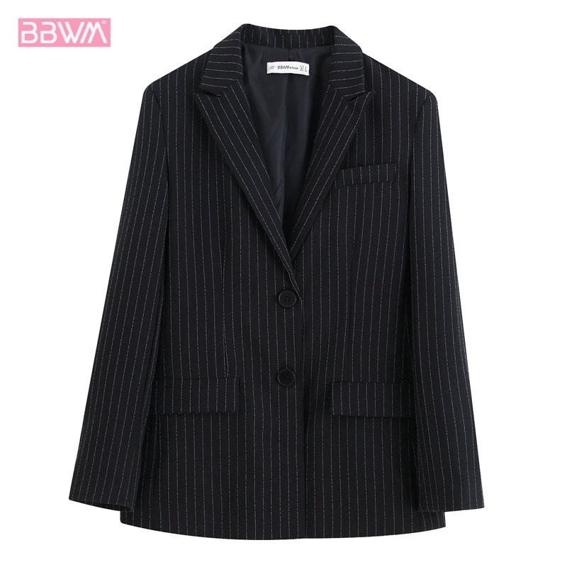 Autumn Female Black Striped Lapel Long-sleeved Single-breasted Blazer Simple Office Professional Women's Jacket Tops 210507