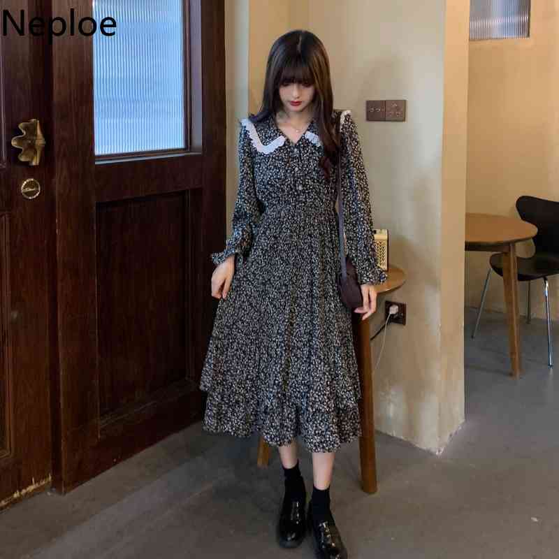 Neploe Women Dress Retro Floral Chiffon Vestidos Spring Plus Size Lace Patchwork Ropa Mujer Long Sleeve Slim Waist Midi Dresses 210422