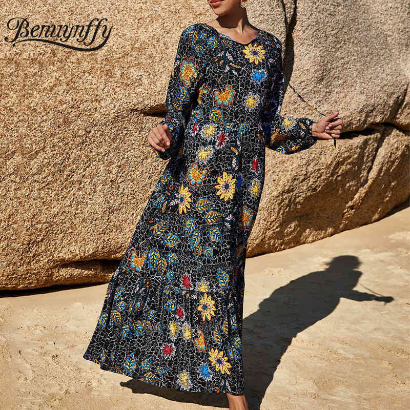 Tie Neck Spring Print Long Maxi Dresses Women Holiday Casual High Waist Sleeve Pleated Swing Dress Clothing 210510