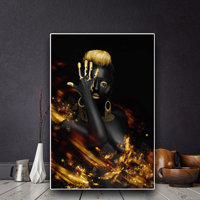 Canvas Painting Golden Black Woman Wall Art Pictures Posters and Prints for living room Modern Sexy Girl Decoration
