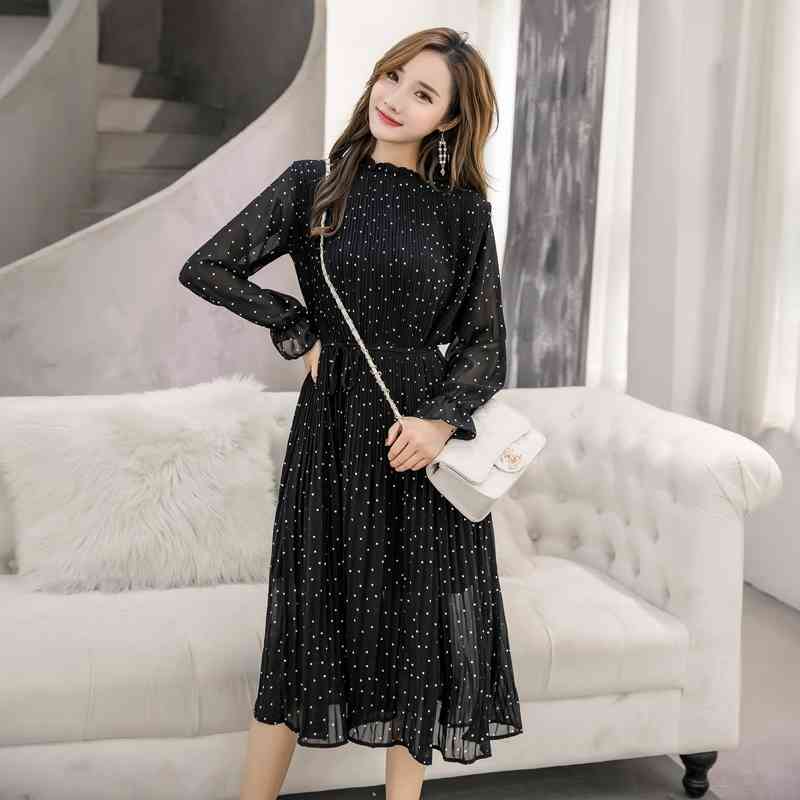 Korean Fashion Women Long Sleeved Polka Dot Pleated Dress Black Vintage ClotheS Spring Lady Long Chiffon Dress 3670 50 210519