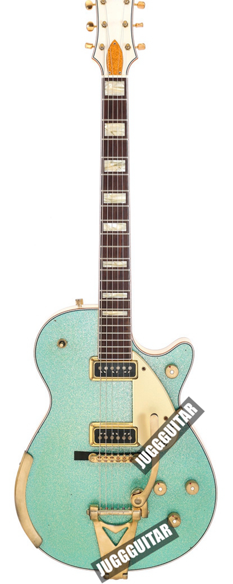 

Custom Shop Masterbuilt 1955 Duo Jet Surf Green Sparkle Electric Guitar White Back Sides Headstock, Gold Binding, Bigs Tailpiece, Vintage Tuners