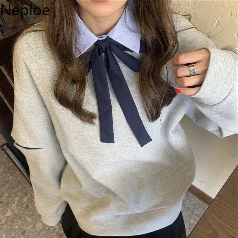 Neploe Blouse Women Preppy Style Lace Up Bow Blue Shirts Long Sleeve Loose Blouses Tops Blusas Mujer De Moda 4G520 210422