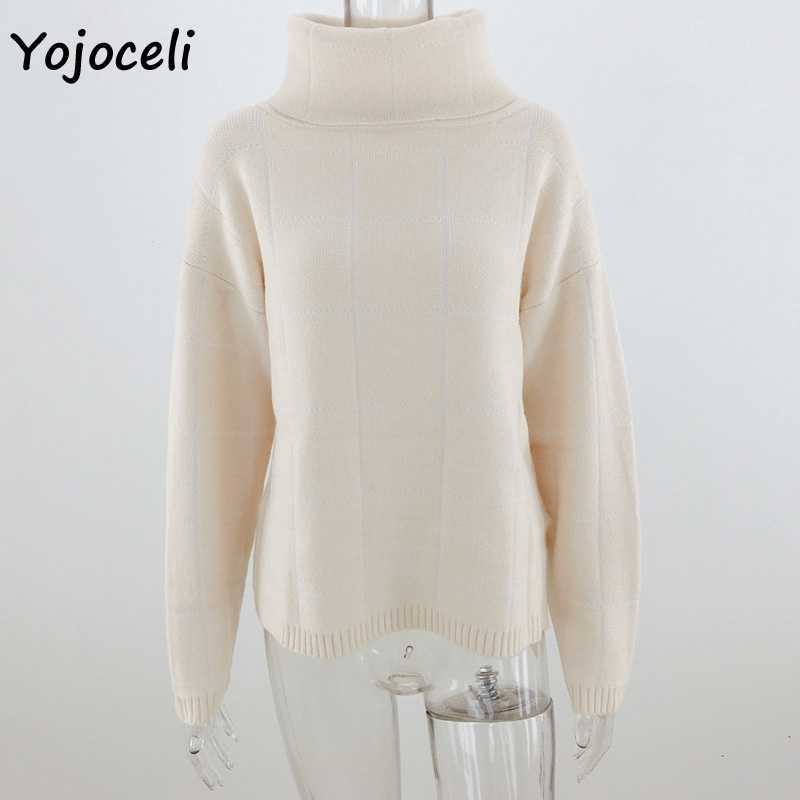 Yojoceli comfy knit sweater women turtleneck plaid jumper pullover tops casual autumn winter 210609