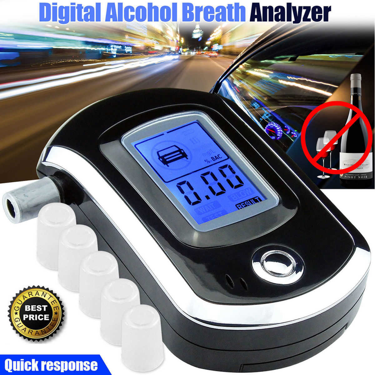 Professional Digital Breath Tester Breathalyzer Lcd Dispaly with 5 Mouthpieces for Police Alcohol Parking Breathalyser Car