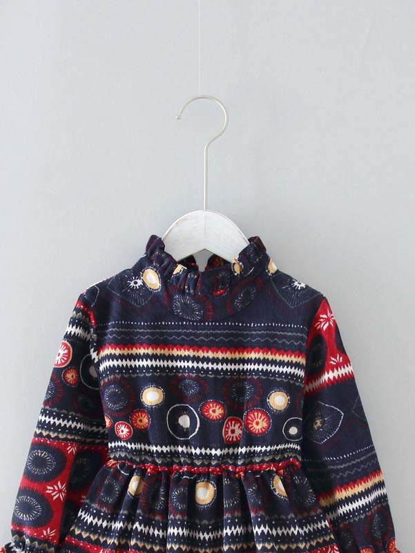 Toddler Girls Ruffle Neck Allover Print Corduroy Dress SHE