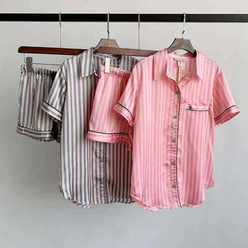 Summer Pajamas for Women Satin Silk Striped Sleepwear 2 Pieces Set Sleep Tops Pants Pjs Ladies Night Wear Loungewear Home Suit
