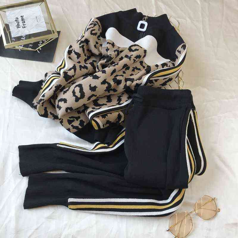 Tracksuit Women Leopard Knit Zip Cardigan Tops+Pants Suit 2PCS Sets Long Sleeve Jacket Coat Woman Casual Sweater Trousers Suits 211118