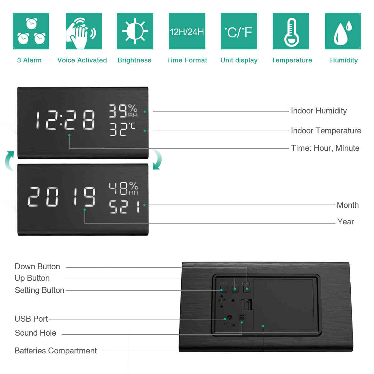 Creative electronic wood digital clock led time display temperature and humidity detect clock for the fourth alarm clock