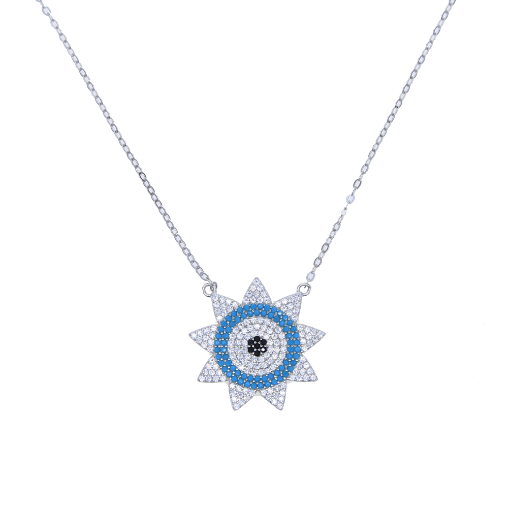 Promotion Silver Color pendant Micro Pave White Blue Nano Turquoises Stone High Quality Sun Pendant Necklace