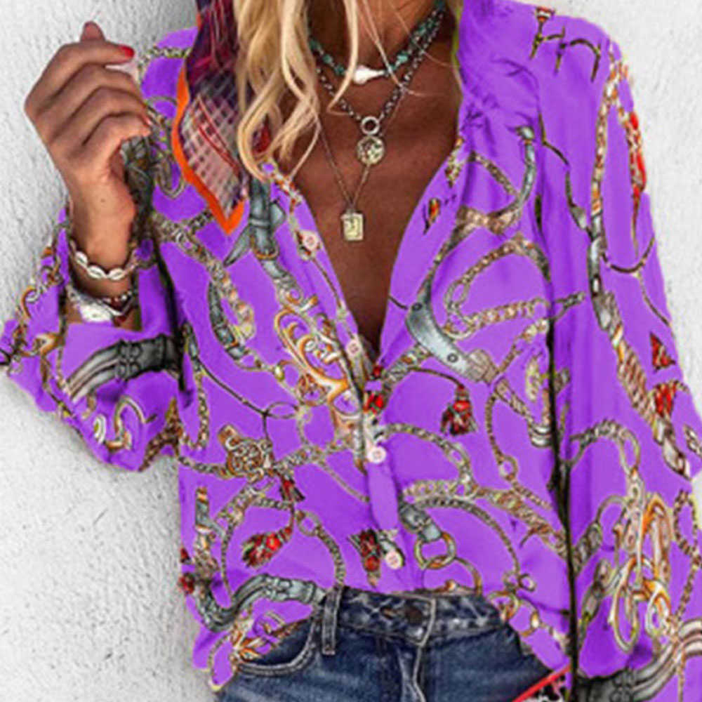Casual Spring Summer Long Sleeve Blouse Women Vintage Chain Print Loose Shirts Plus Size 5XL Tops Single-breasted Tunic 210619