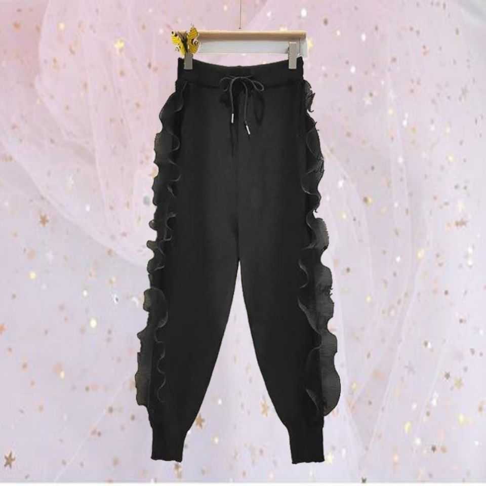 Nomikuma Autumn Winter Knitted Harem Pants Korean Ruffle Patch Long Trousers Causal Lace Up High Waist Sweater 6D433 211115