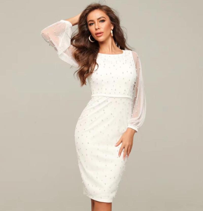 Women Luxury Sexy Long Sleeve Pearl Beading Mesh Black White Winter Dress 2021 Designer Evening Party Vestido Casual Dresses