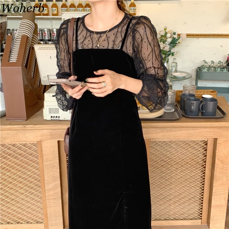 Womens Lace Shirt See Through Tops High Waist Velvet Suspender Elegant Dress Korean Suit Two-piece Set Women 210519