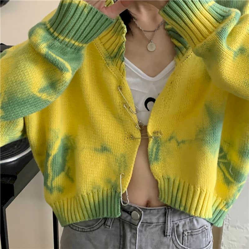 sweaters women cardi autumn winter avocado green knitted cardigan women's short clavicle shirt tie-dye sweater pullover thin 210526