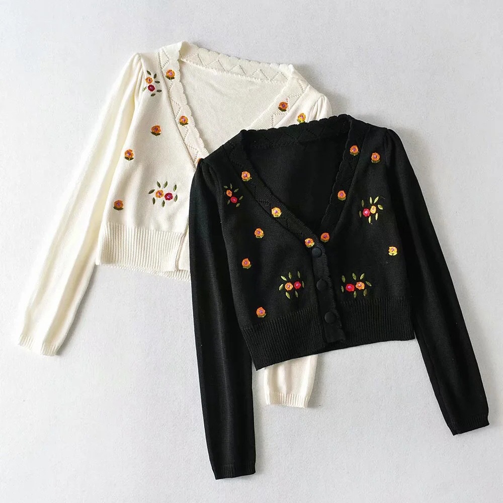 Retro Flower Embroidery Knitted Cardigan Vintage Wood ears Cropped Sweater Punk pull Korea Clothes Women Knit kardigan 210429