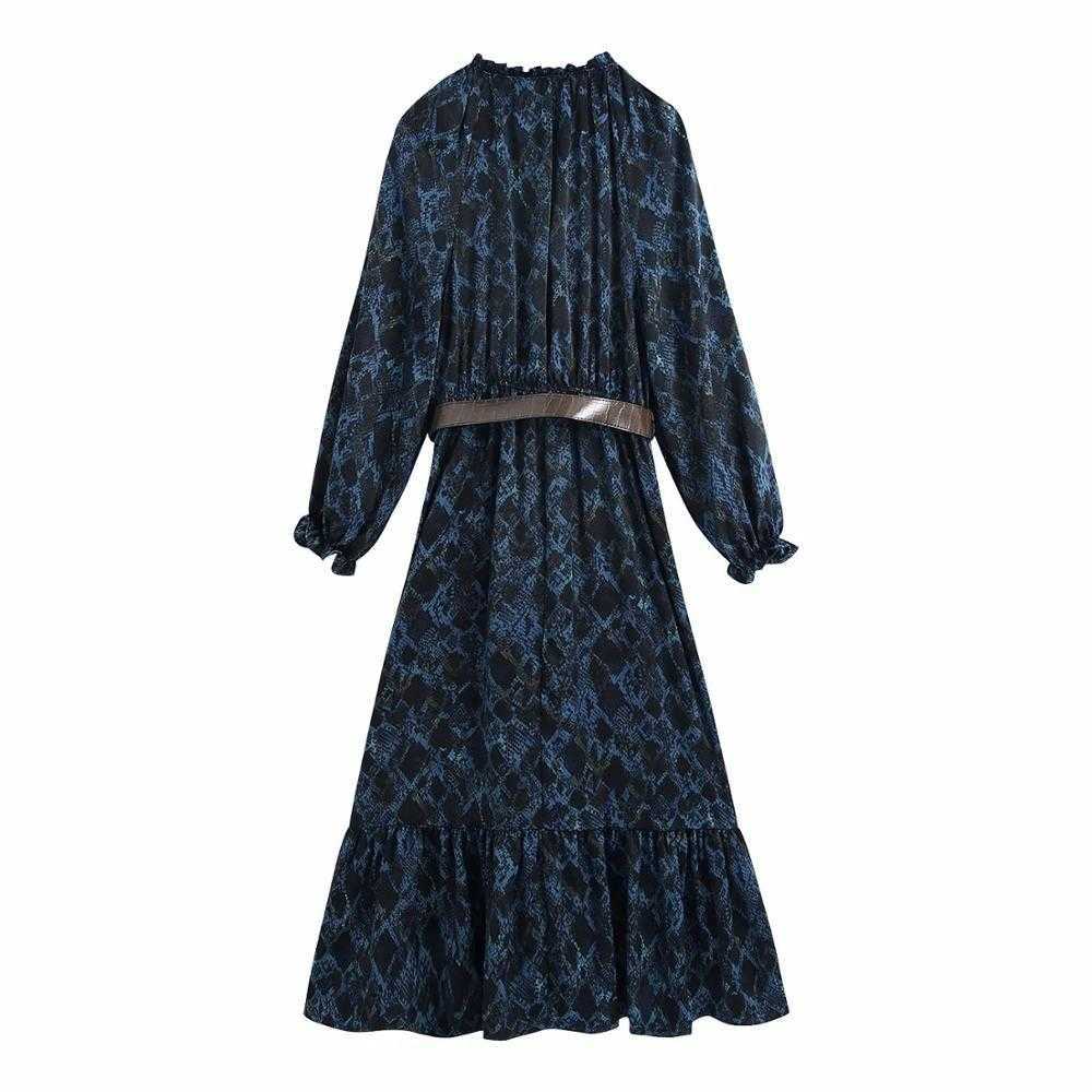 Women Dress With Belted Printed Long Sleeves Ruffled V-neck Midi Dress Vintage Elegant Chic Long Woman Dress 210709