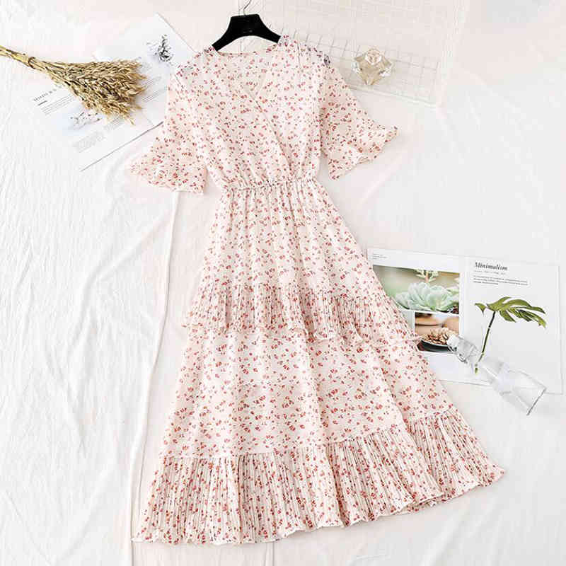 Summer Dress Women Slim Vintage Floral Print Chiffon Long Dress Female Casual Ruffles Pleated Dress Party Vestidos 210521