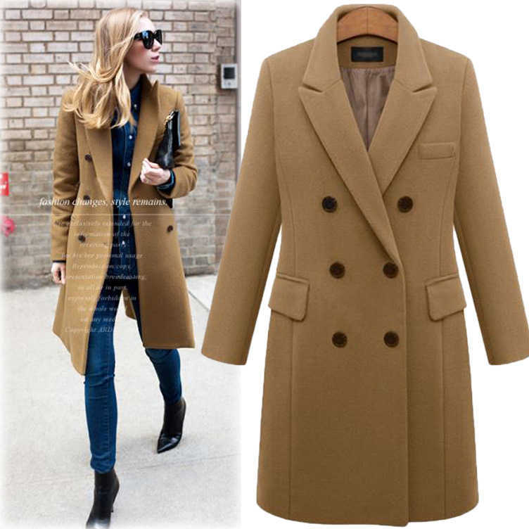 Plus Size Autumn Winter Women Coats Casual Solid Wool Jackets Blazers Elegant Lapel Double Breasted Thick Long Ladies 210526