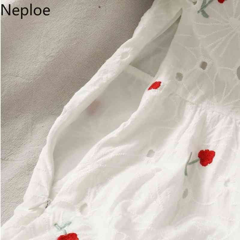 Neploe Hollow Out Embroidery Dress Women Summer Sweet Robe Puff Short Sleeve Square Neck Loose Vestidos White Mini Dresses 210422