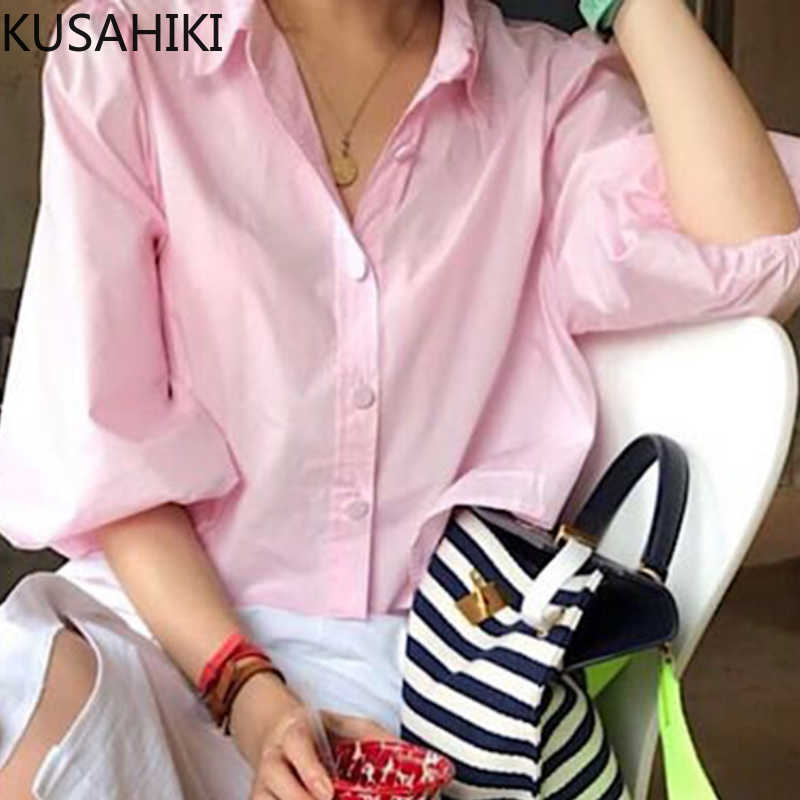 Chic Puff Sleeve Korean Women Blouses Causal Turn-down Collar Shirt Summer Sweet Pink Blusas De Mujer 6G905 210603