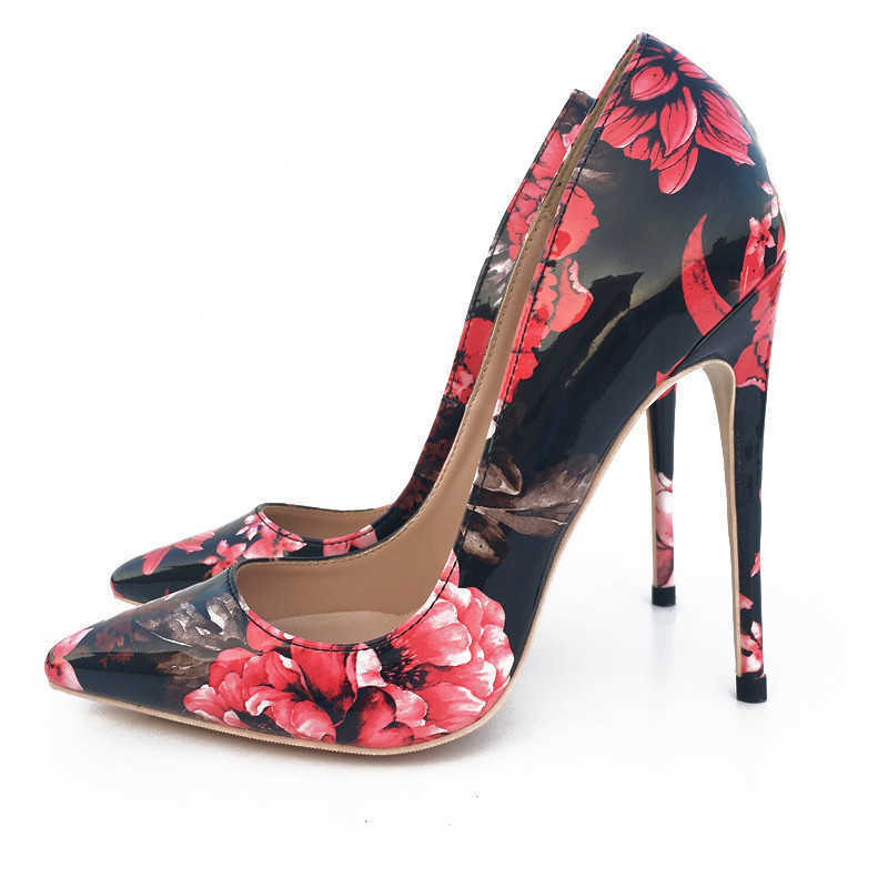 Red black flower pointed toe ladies pumps shallow women 12cm high-heeled sexy wedding party shoes QP061 210629