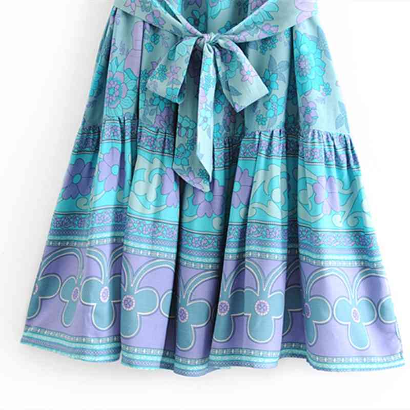 beauty Fashion Boho Style Floral Print Midi Dress Women Holiday Chic Sashes Short Sleeve Tassel Mini Dresses Female 210514