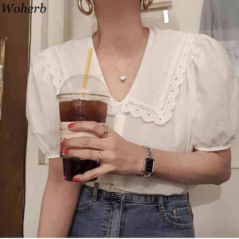 Summer Korean Chic Sweet Women Shirt White Fashion Casual Blouses Tops Female Puff Sleeve Ruffle Blusas 210519